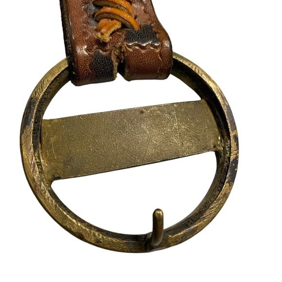 Vintage Leather Belt checkered pattern brassy gold buckle Boho Chic IndieSleaze - Picture 2 of 5